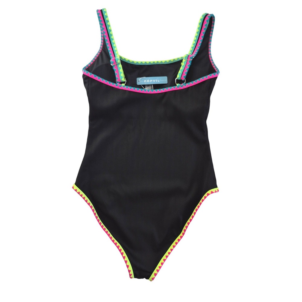 Popvil Womens One Piece Swimsuit Black Ribbed Neon Ric Rac Trim Size Large - Picture 6 of 7